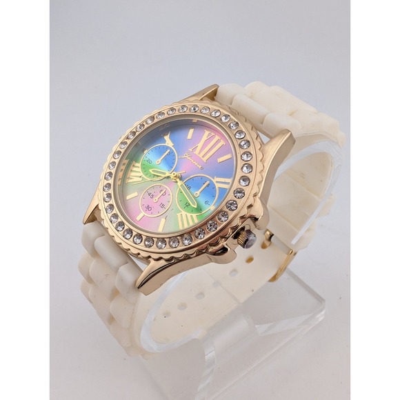 Geneva Watch Women 38mm Gold Case Colorful Dial White Silicone Band- New Battery - Picture 2 of 8